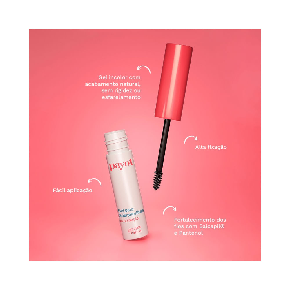 Gel para Sobrancelhas Payot Alta Fixação aberto com aplicador escovinha e fundo rosa